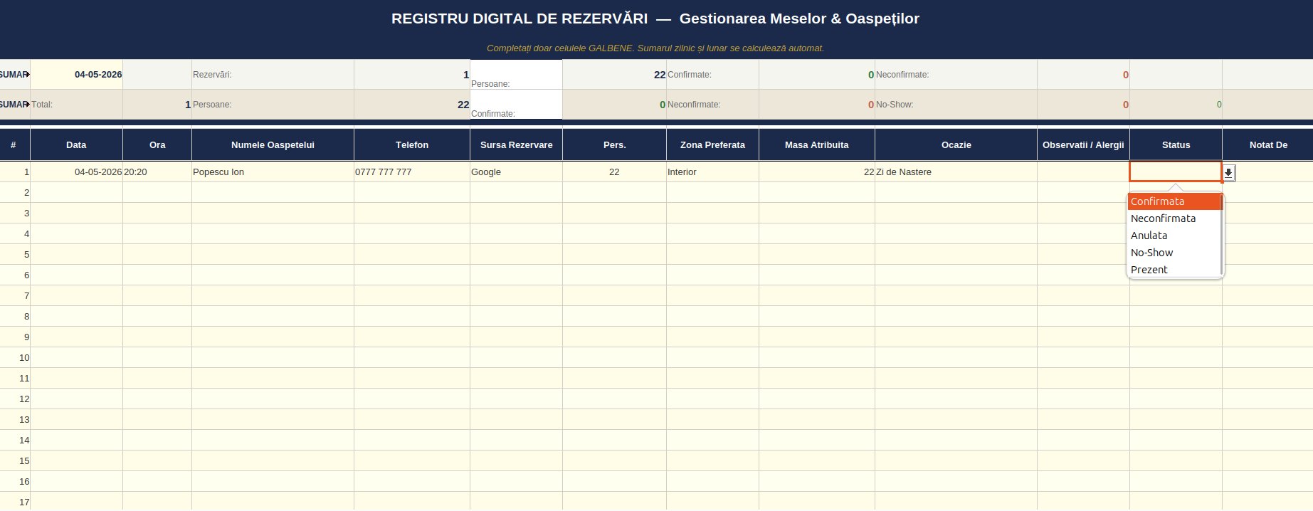 Dropdown Status cu culori automate