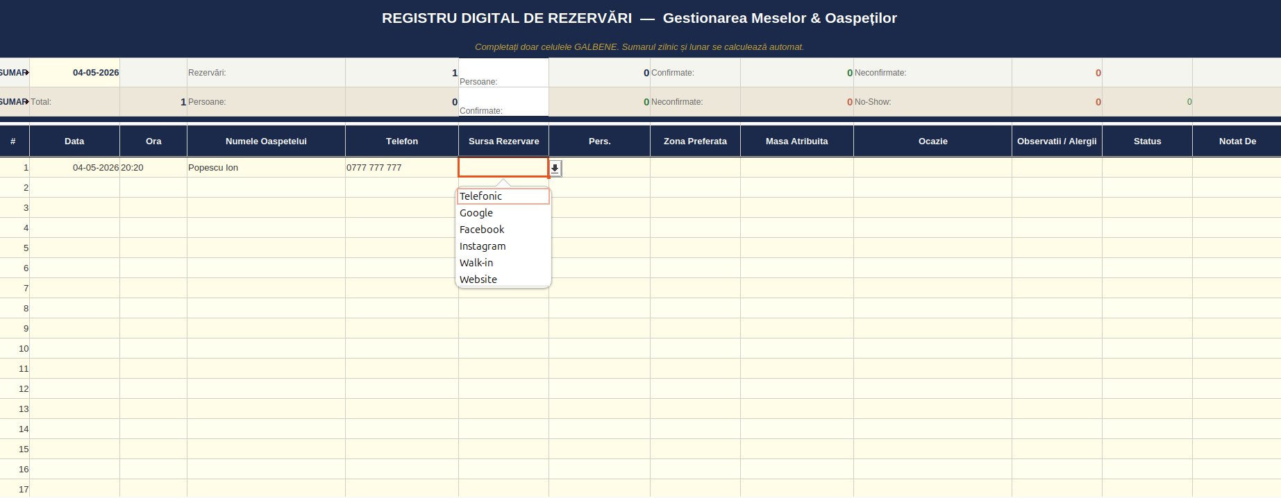 Dropdown Sursă Rezervare